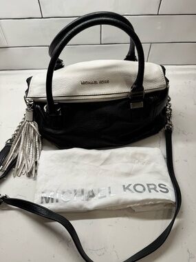 Michael Kors Black & White Leather Two-Tone Satchel with Tassel
